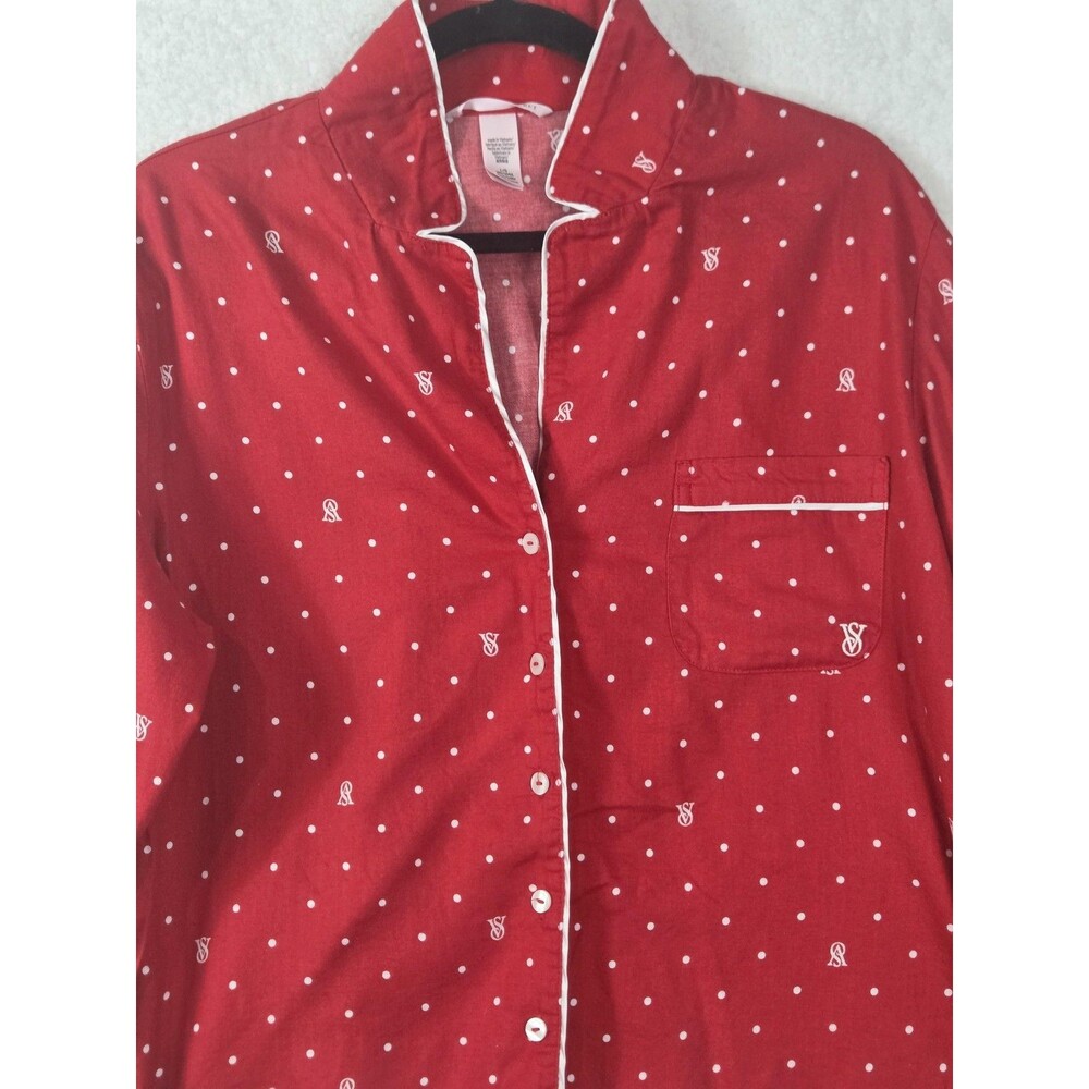 Victoria's Secret Pajama Set Womens L Red Polka Dot Button Front Logo Sleepwear - Picture 3 of 16